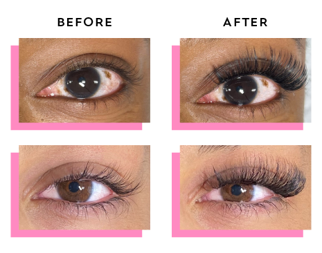 Before image with spare lashes and after image with luxurious lash extensions